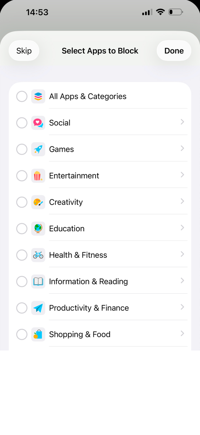 Focus mode picking which apps to block during rehearsal
