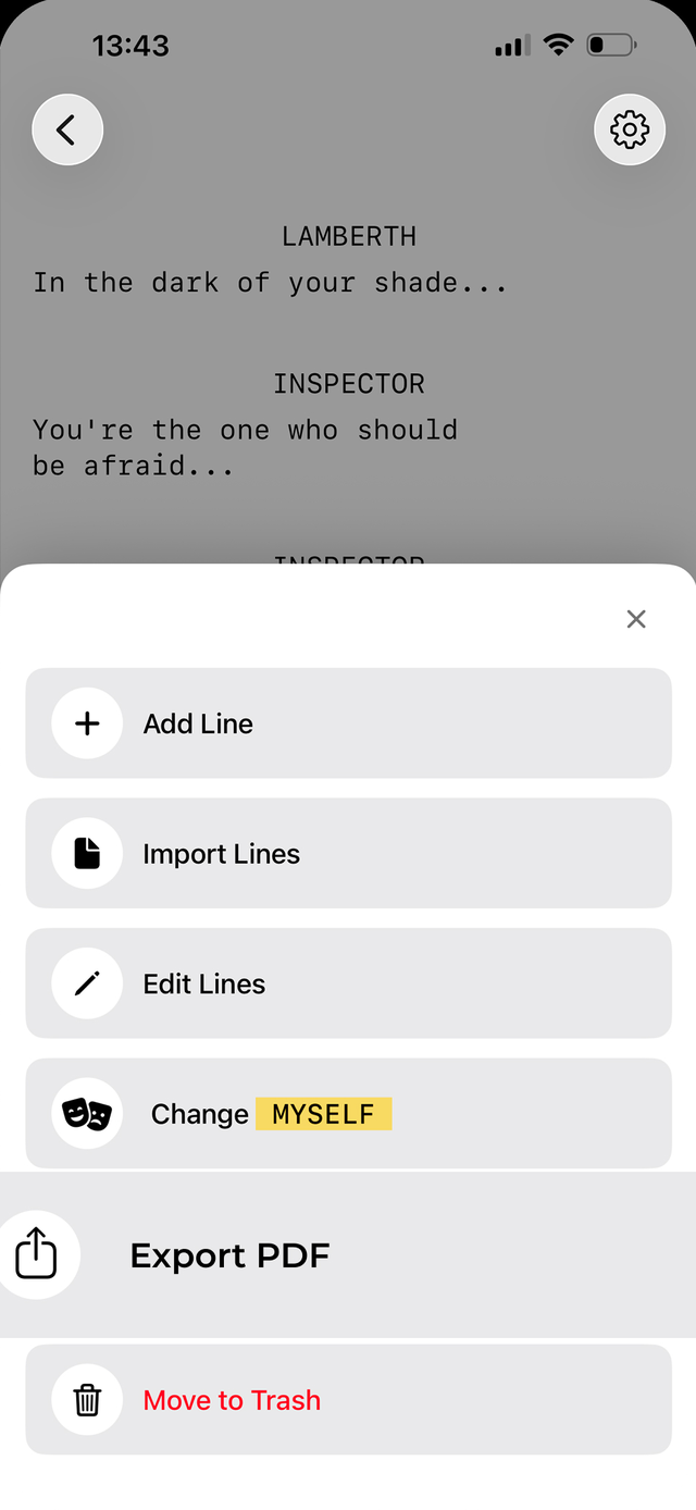 Script actions menu with add line, edit lines and export PDF